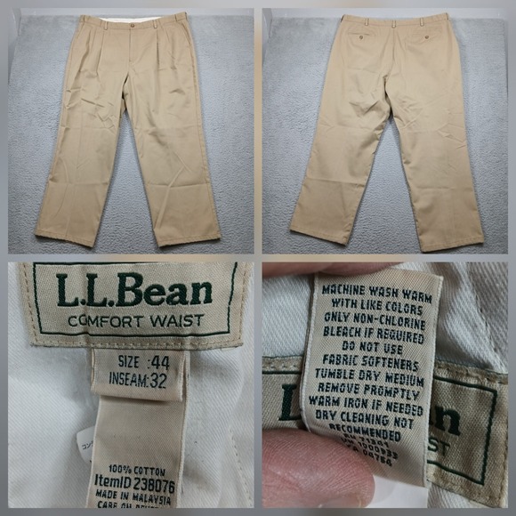 L.L. Bean Other - LL Bean Comfort Waist Pants Men 44x32 Khaki 100% Cotton Pleated Chino